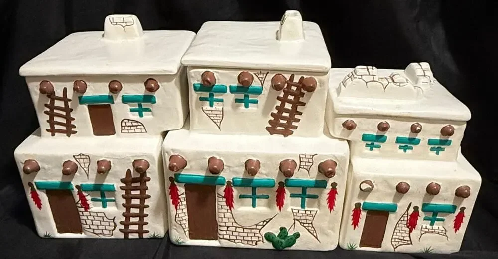 Vintage Southwestern Style Pueblo Adobe Style Kitchen Canisters Set of 3 w/ Lids